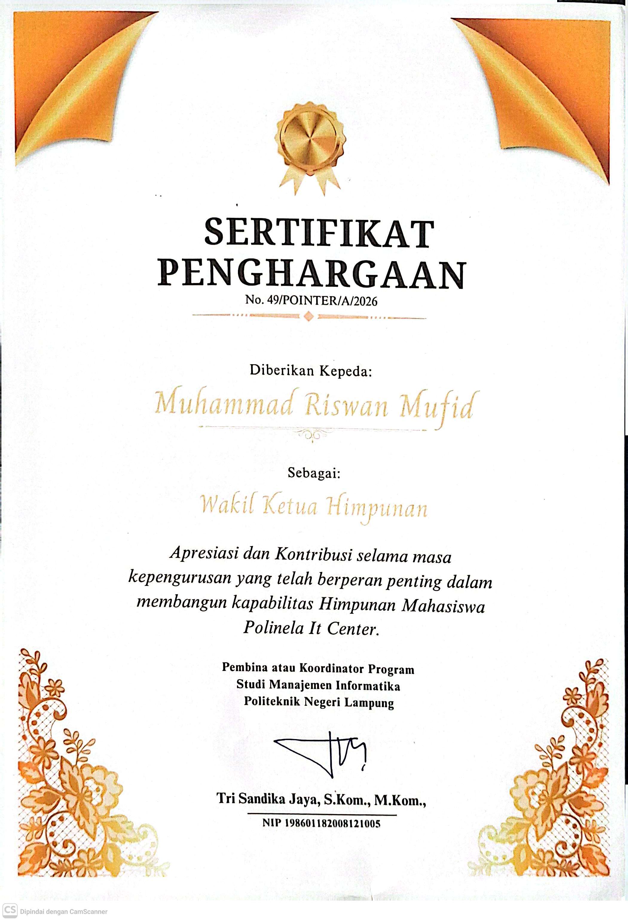 Sertifikat Kepengurusan HIMA POINTER — Muhammad Riswan Mufid